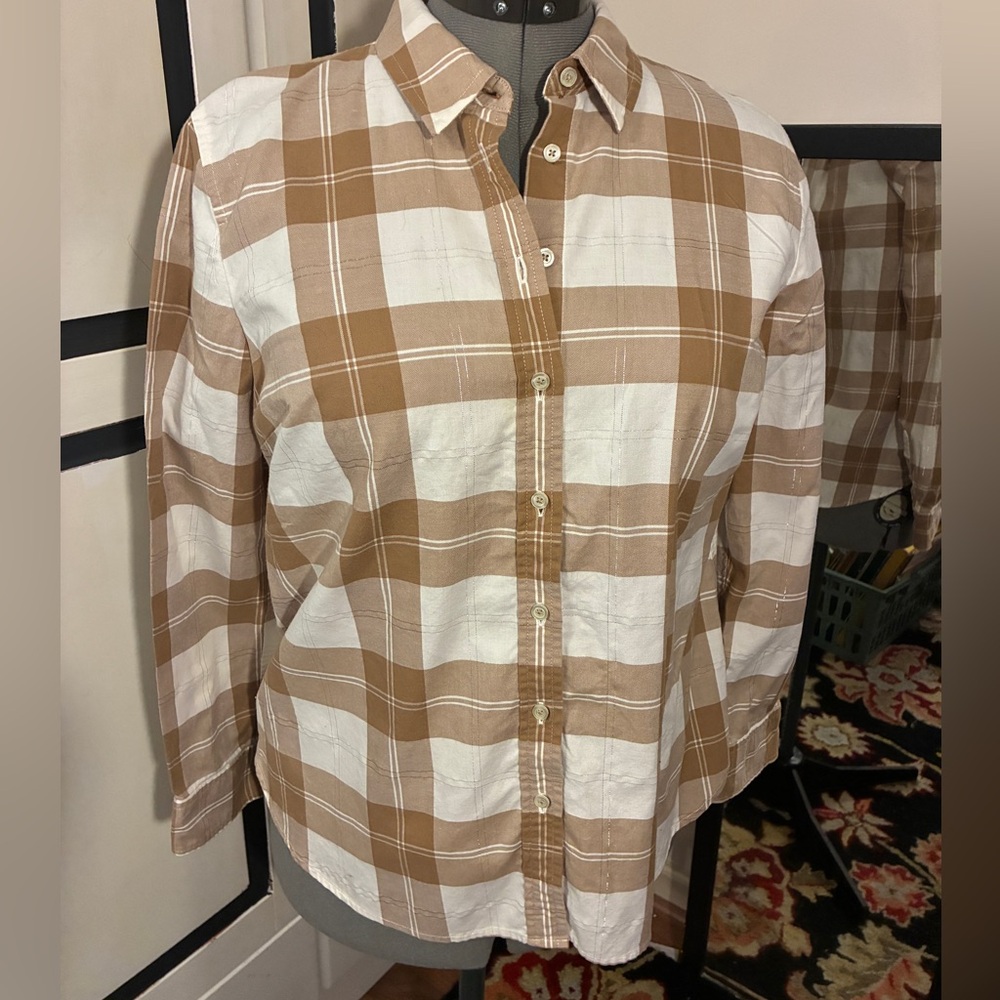 Plaid Button Down Shirt (Tan & White) - Talbots Petite